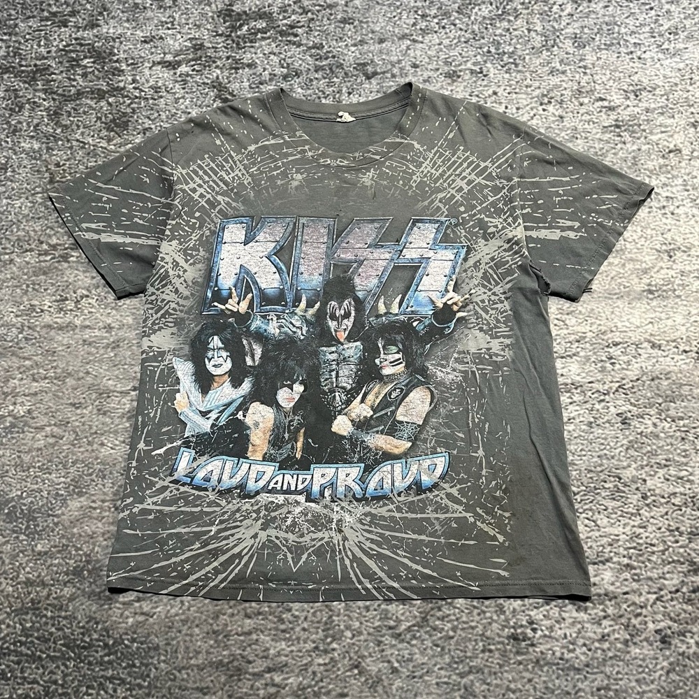 KISS Loud And Proud 2012 Tour Shirt Mens Large Gray Distressed AOP Rock Band Tee